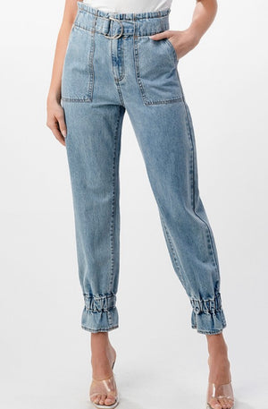 Denim Belted High Waist Hem Pants