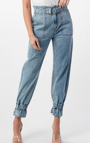 Denim Belted High Waist Hem Pants