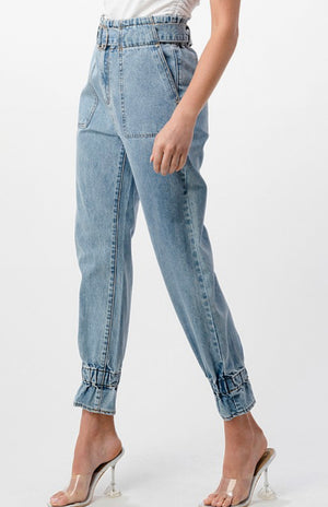 Denim Belted High Waist Hem Pants